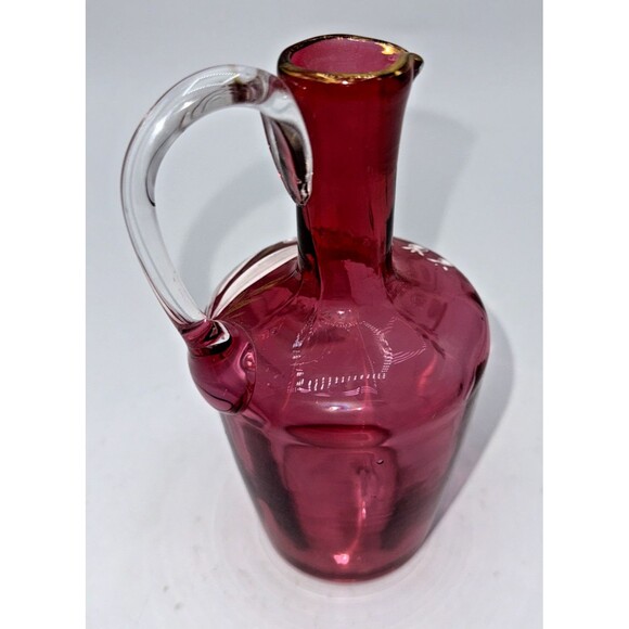 Vintage Victorian Cranberry Glass Jug W/Hand Painted White Flowers Gold Trim 7” - Picture 11 of 16